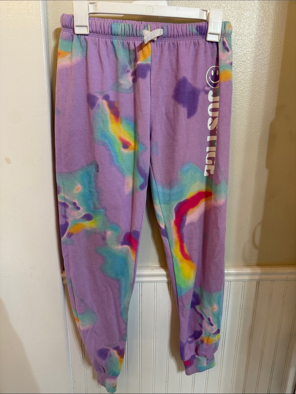 Justice Purple Tie-Dye Kids Jogger Pants with Rainbow Accents